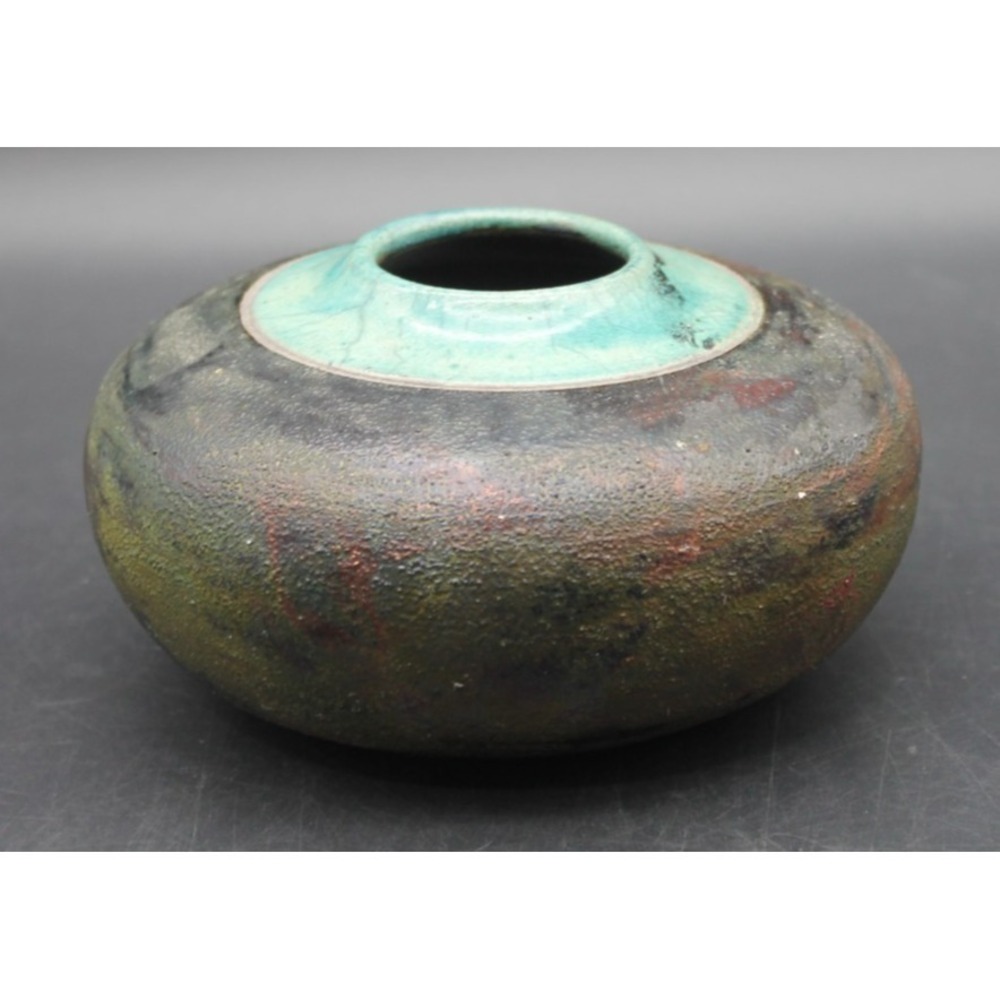 Signed Studio Pottery Raku Vase Iridescent Low Round Vessel Handmade Art Pottery
